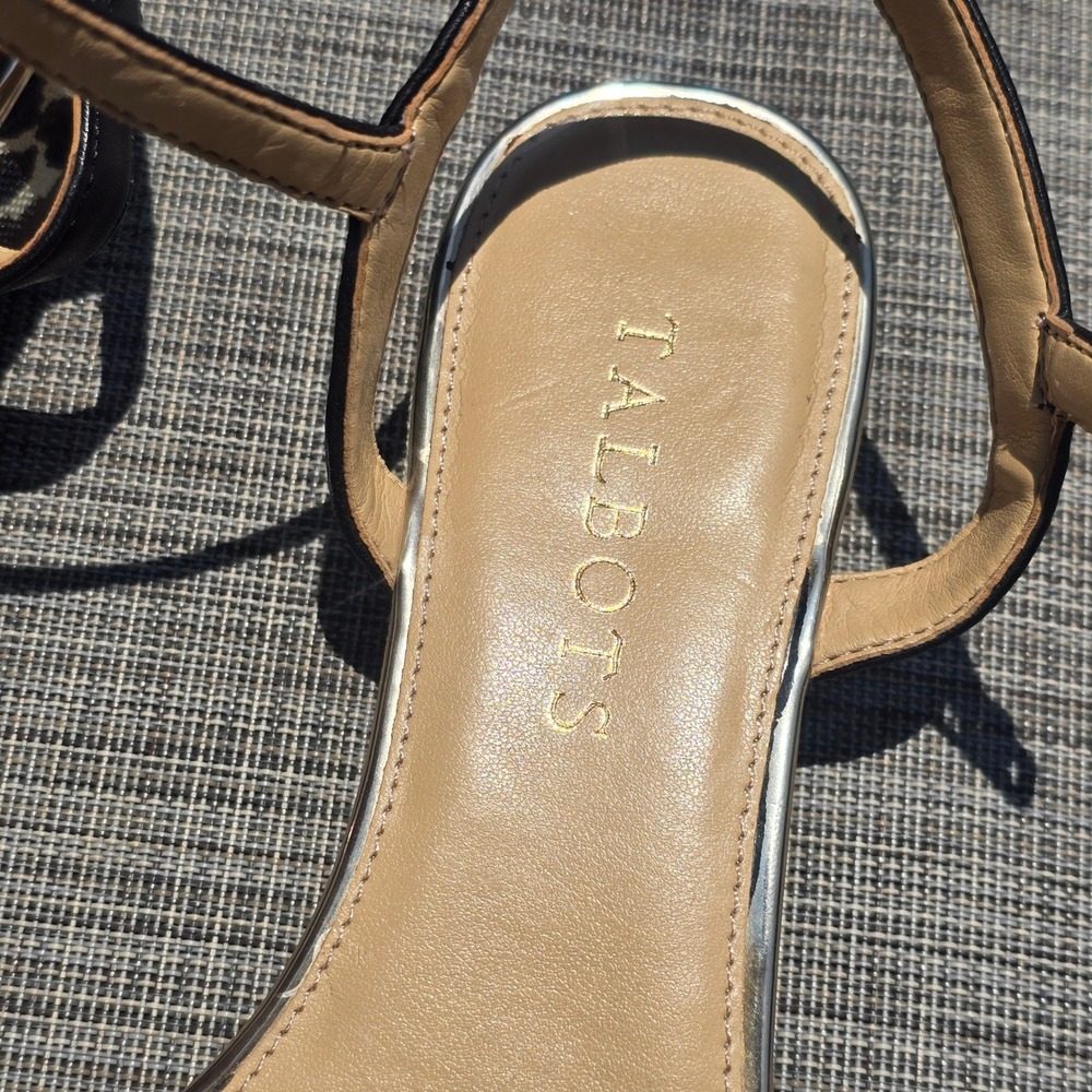 Talbots Leopard Print Ankle Strap Sandals Womens 6.5M Black Tan Leather Textile - Picture 2 of 4